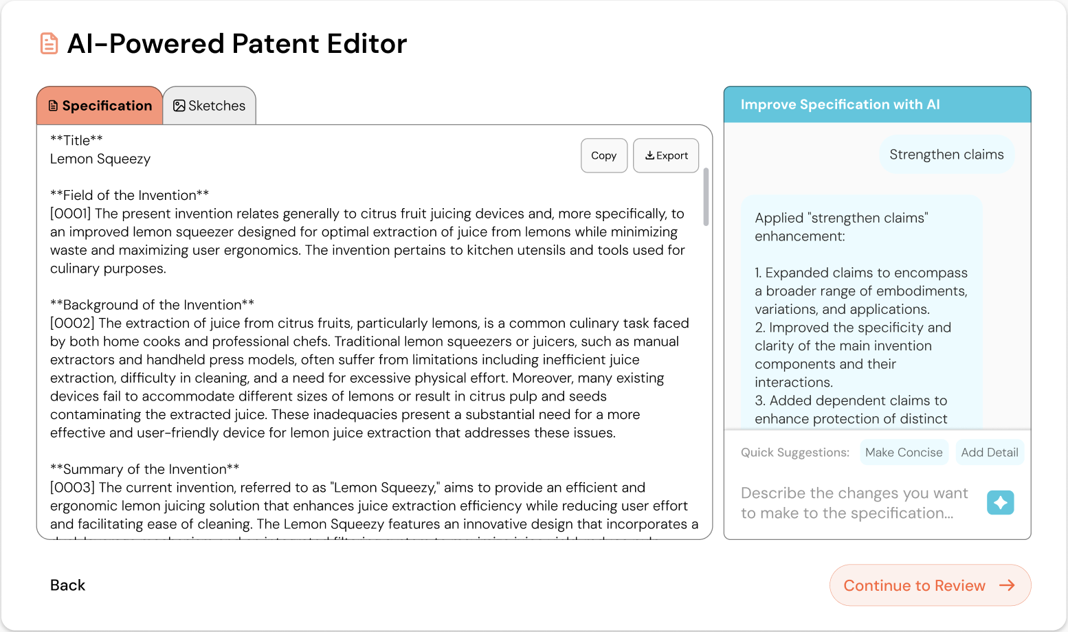 AI patent editor interface